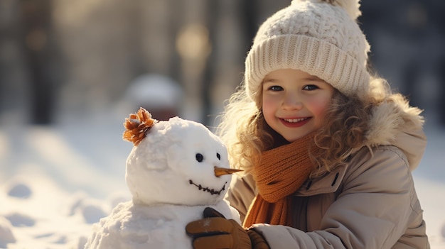 happy child girl plaing with a snowman on a snowy winter walk