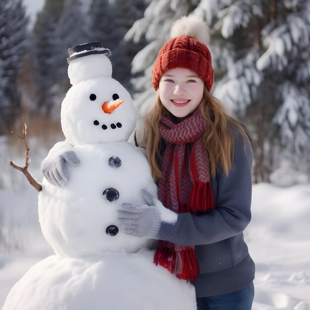 Photo happy child girl playing with a snowman on a winter walk in nature