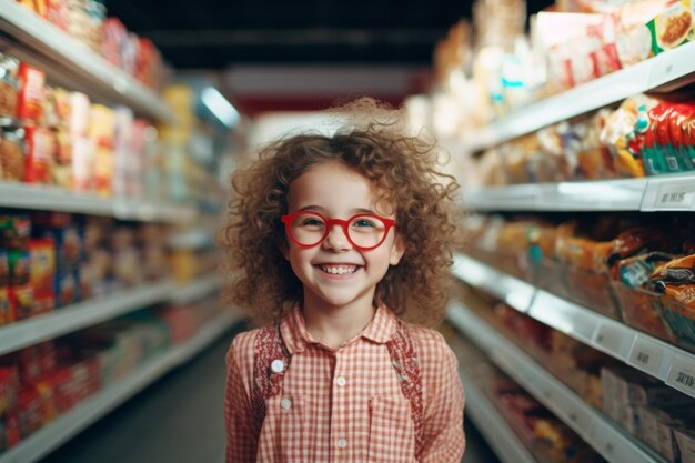 a happy child girl seller consultant on the background of shelves with products in the store