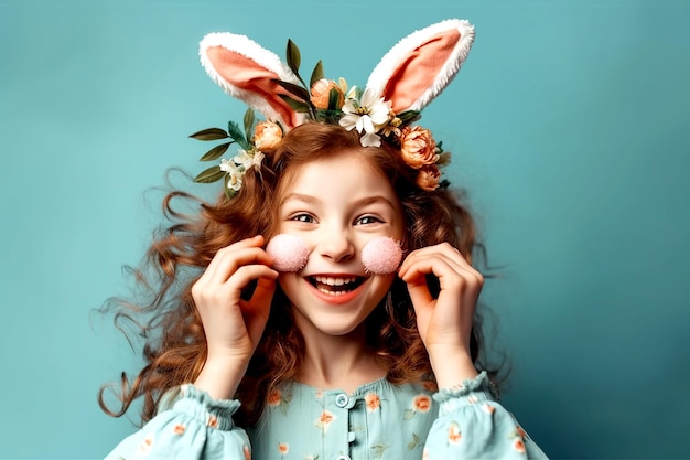 Happy child girl with bunny ears holding Easter eggs at face on blue background Generative AI