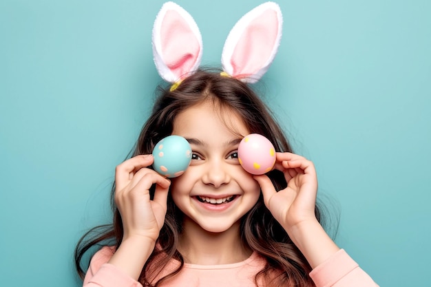 Happy child girl with bunny ears holding Easter eggs in front of the eyes on blue background Generative AI