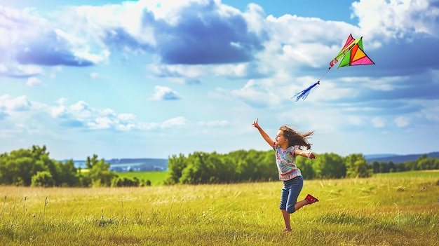 Photo happy child girl with a kite running on meadow