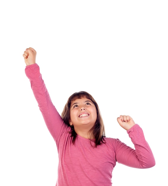 Happy child girl with pink t-shirt stretching her arms 