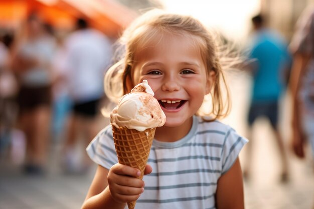 A happy child girl with vanilla ice cream generative AI