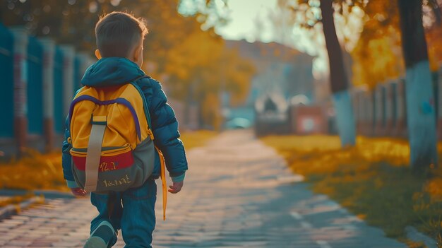 Foto bambino felice va a scuola con zaino sul marciapiede bambino con borsa scolastica libro di testo la sua mano par ai generativa