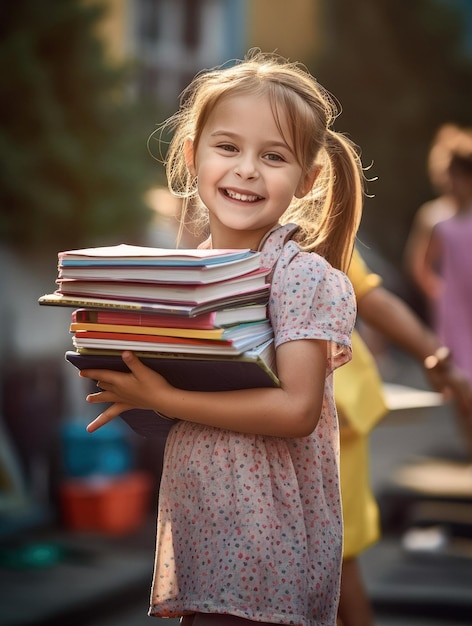 Happy child going to school with new books and notebooks generative AI