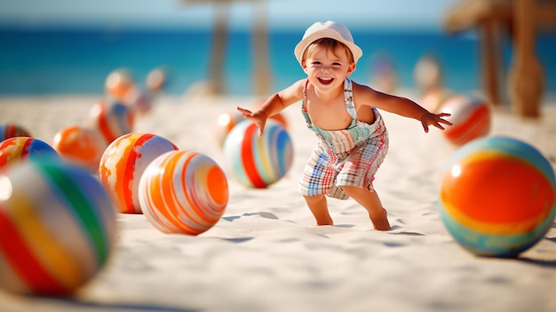해변에서 여름 휴가를 즐기는 행복한 아이