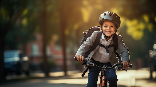 Happy child in a helmet on a bicycle in the park