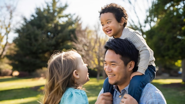 Happy child on his fathers shoulders and looking at his sister