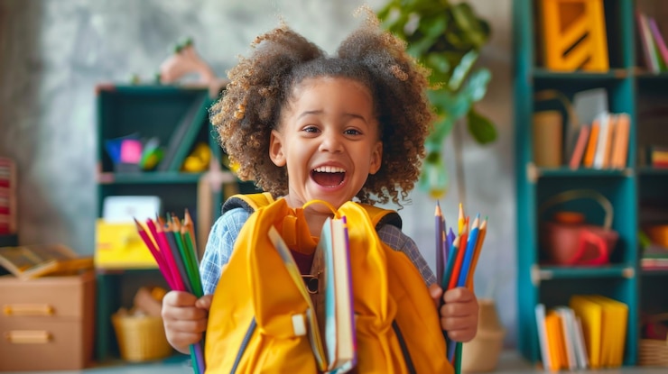 Photo happy child holding backpack filled with school supplies in classroom setting
