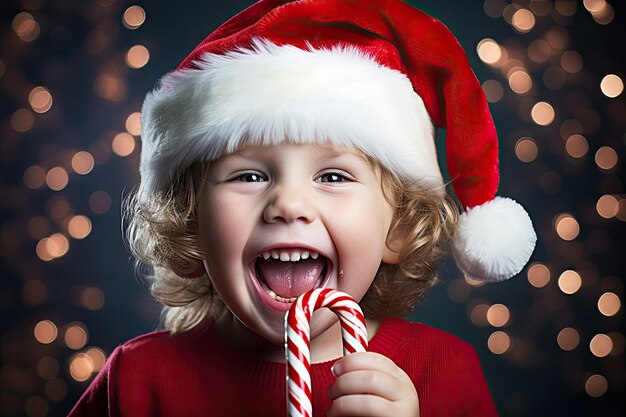 Happy child holding Christmas candy cane