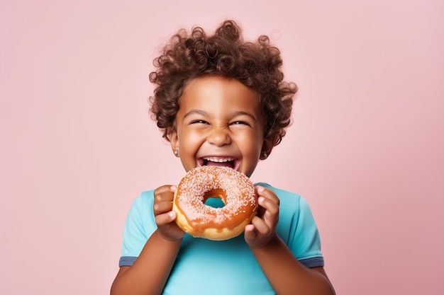 Happy child holding glazed donut