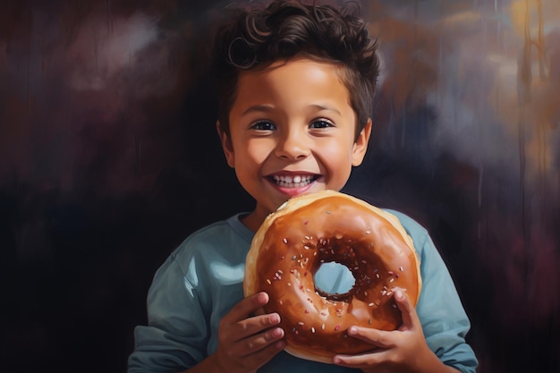 Happy child holding glazed donut