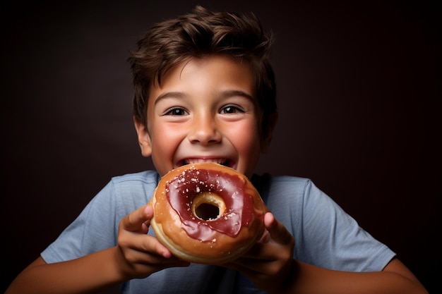 Happy child holding glazed donut