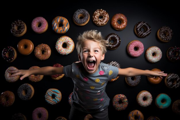 Happy child holding glazed donut