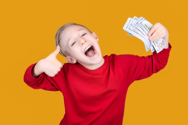 Happy child holds banknotes in his hand and gives a thumbs up