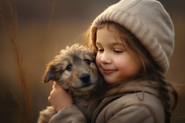 Photo happy child hugging a dog outdoors in nature