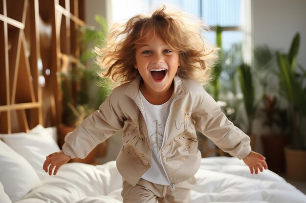 Photo happy child is jumping on the bed