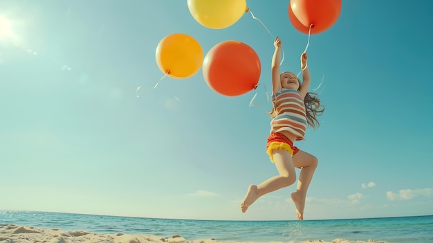 Photo happy child jumping with colorful balloons on sandy beach portrait of funny girl aga generative ai