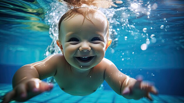 Photo happy child learning to swim