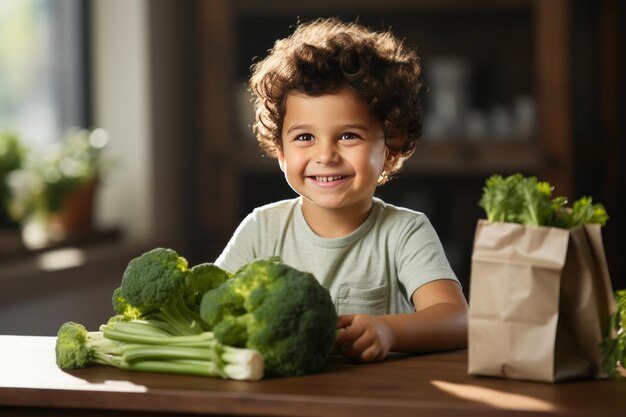 Happy child looking at box full of vegetables on kitchen table AI Generated