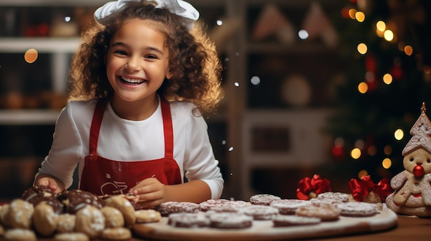 Photo a happy child makes cookies in the kitchen generative ai