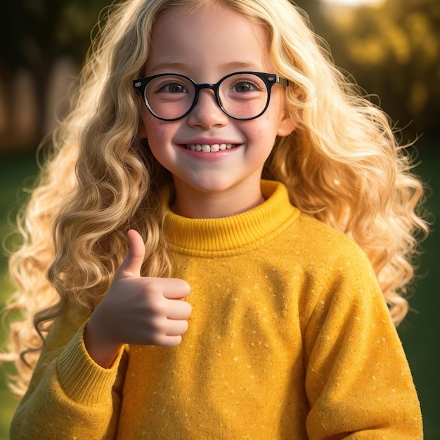 happy child making thumbs up sign with hand