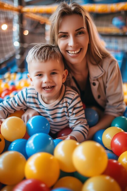 Happy child and mother enjoying fun time in ball pit at kids birthday party