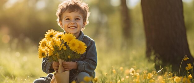 happy child in nature in the park sitting on the grass and smiling with a bouquet of yellow wild