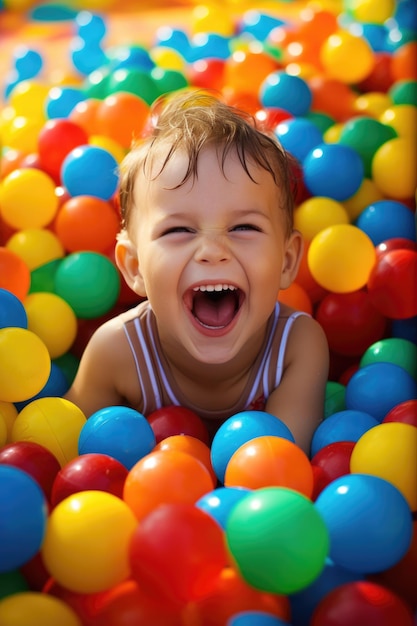 Foto bambino felice che gioca con le palle sul parco giochi della piscina bambino che gioca con palle di plastica multicolori.