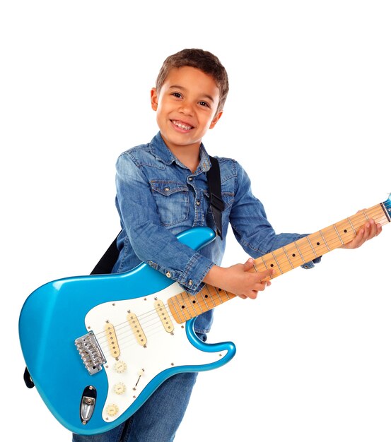 Happy child playing electric blue guitar