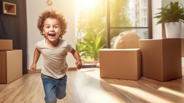 Happy child playing in his new home with a lots of cardboard boxes in backgroundCreated with Generative AI technology