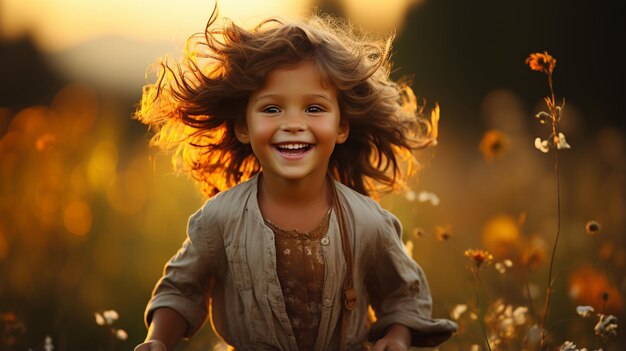 Foto bambino felice che gioca in un campo d'estate