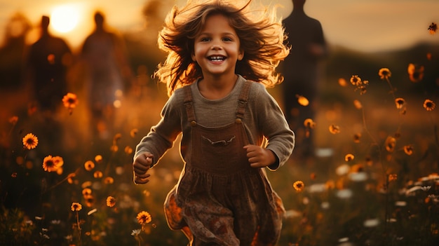 Счастливый ребенок играет в летнем поле.