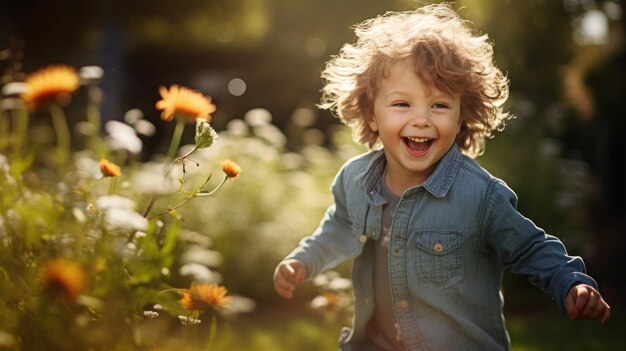 a happy child playing in a sunlit garden