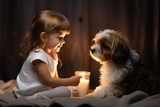 Photo happy child playing with dog in cozy home