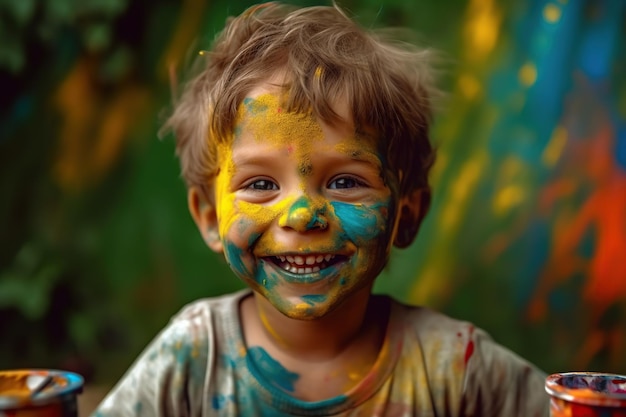 Счастливый ребенок играет с краской Генеративная иллюстрация ИИ