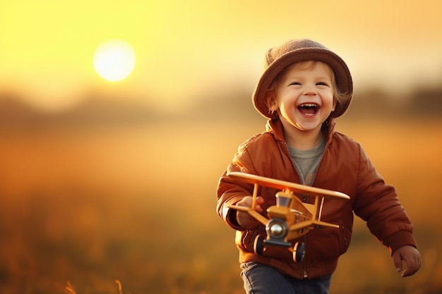 Happy child playing with toy airplane