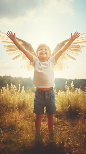 happy child playing with toy wings against summer sky background retro toned