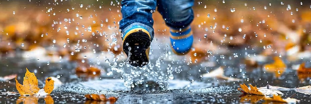 Photo happy child in rain boots jumping in puddle with text space playful kid splashing water outside