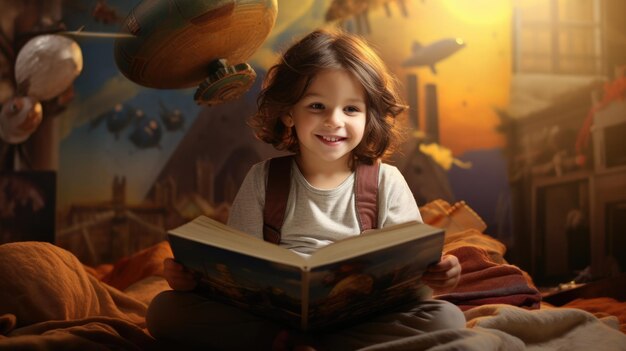 Happy child reading a book in a childrens room Magic World on the background