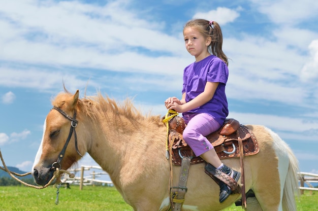 幸せな子供は、背景に青い空と美しい自然を持つ農場の動物の茶色のポニーに乗る