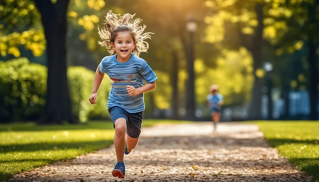 写真 公園で走っている幸せな子供