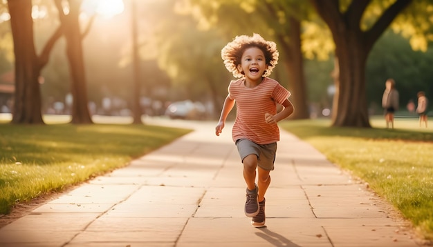 Счастливый ребенок бегает в парке
