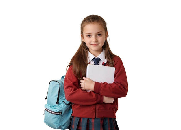 Happy child school girl with backpack and book in her hands isolated on white background