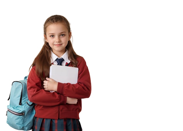 Happy child school girl with backpack and book in her hands isolated on white background