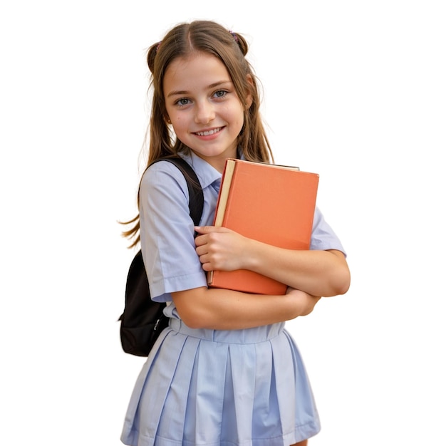 Happy child school girl with book isolated on white background