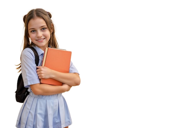 Happy child school girl with book isolated on white background