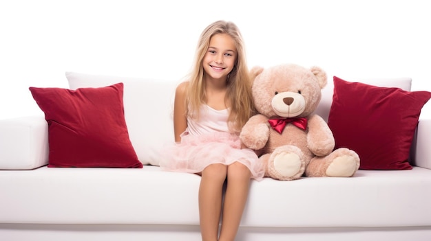 Счастливый ребенок сидит на белом диване и дает подарок коричневому плюшевому медведю, изолированному на белом фоне