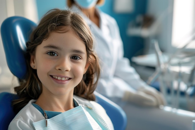 Счастливый ребенок сидит в синем стоматологическом кресле, стоматолог в маске.